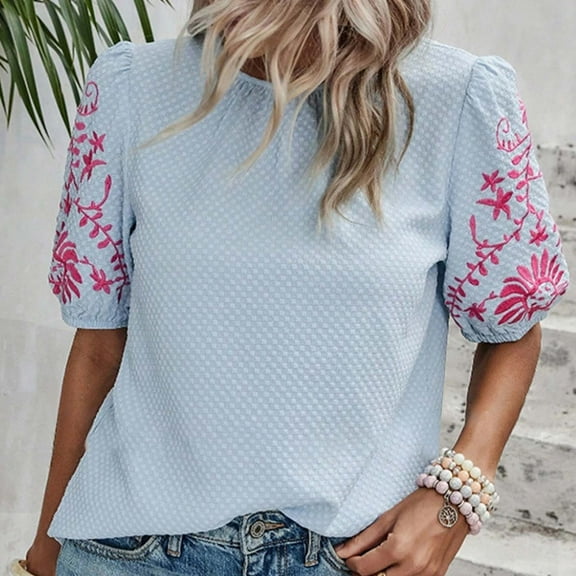 Homenesgenics Womens Tops under $5 Fashion Women's Summer Casual Round Neck Short Sleeve Solid Color Pullover Blouse Blue L