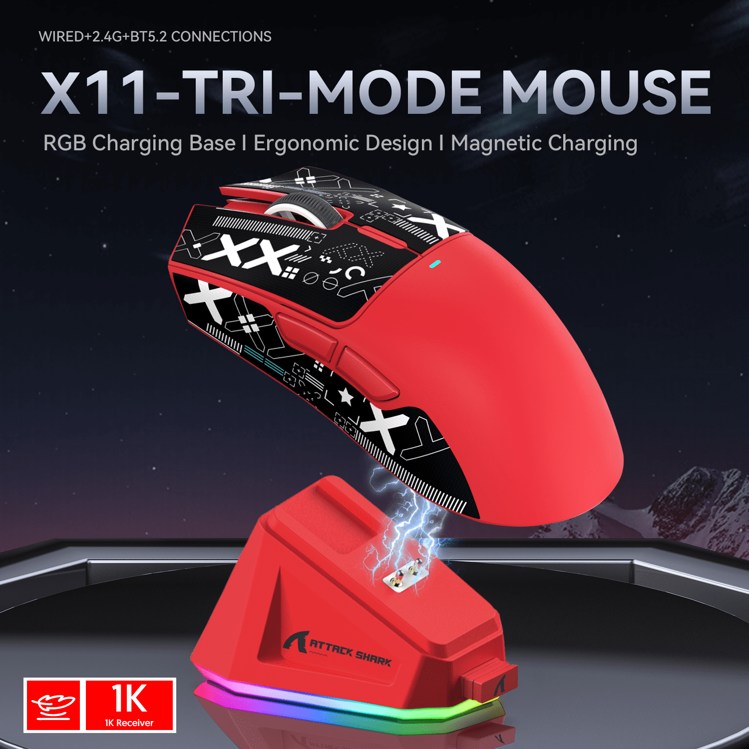 ATTACK SHARK X11 59g Wireless Gaming Mouse with RGB Magnetic Charging Dock, PixArt PAW3311 Sensor, Wired/2.4G/Bluetooth, 22K DPI for PC/Mac-Red&Tape