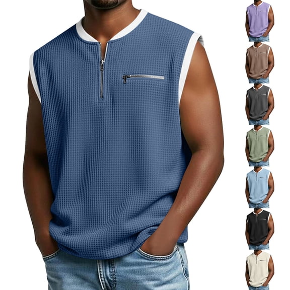 Jinhomg Men's Waffle T-Shirt Half Zip Sleeveless Tank Tops Color Block Traditional Vintage Shirts Outdoor Fashion Faux Two-Piece Tanks with Zipper Pocket Green,S
