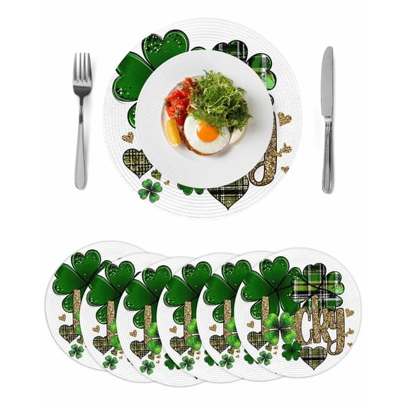Round Woven Placemats set of 6, St. Patrick's Day Washable & Heat Resistan-t Plastic Wipeable Placemats for Round Table Lucky Four Leaf Clovers Kitchen Dining Table Decor, 13in, Gold Green