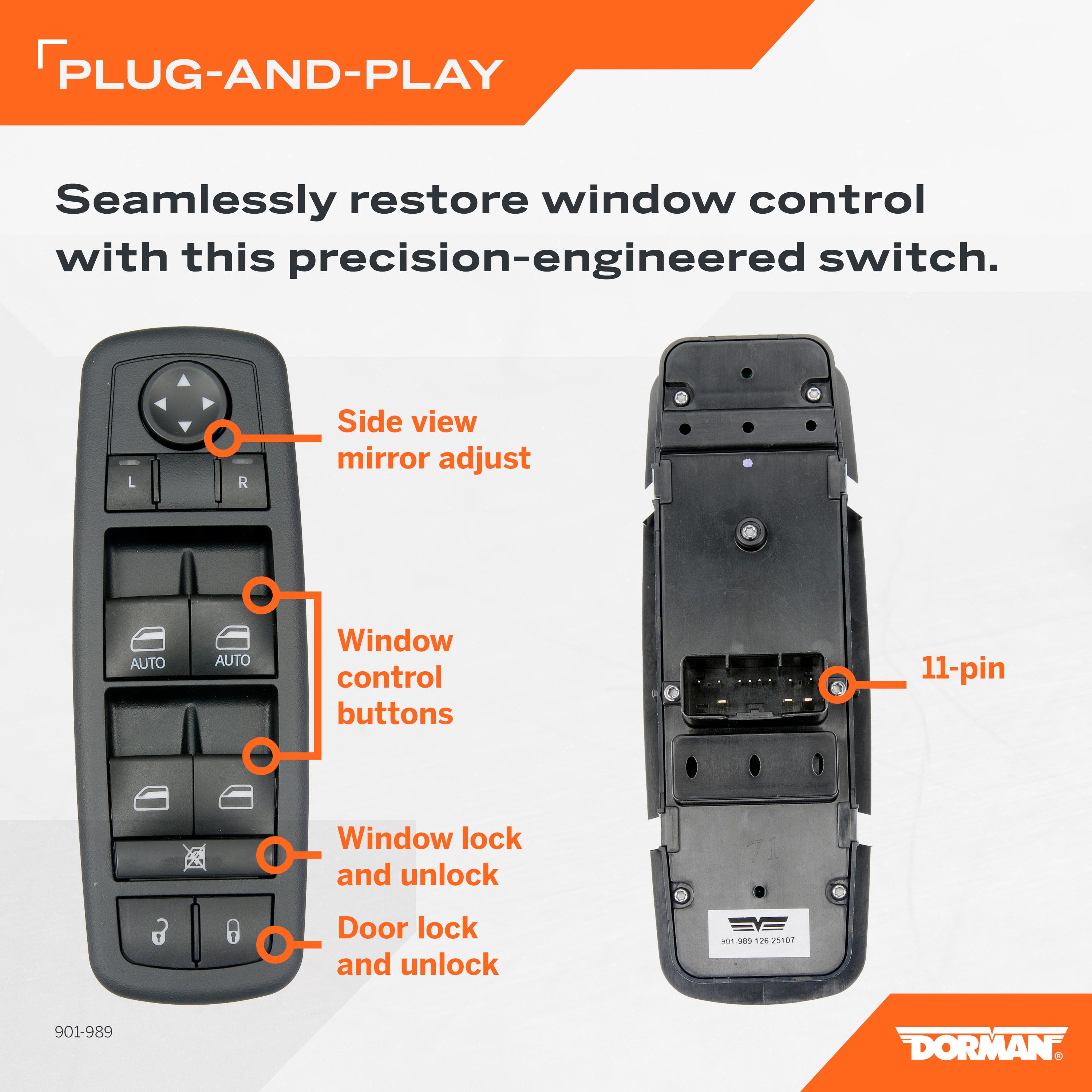 Dorman 901-989 Front Driver Side Power Window Switch for Specific Chrysler / Dodge / Ram Models