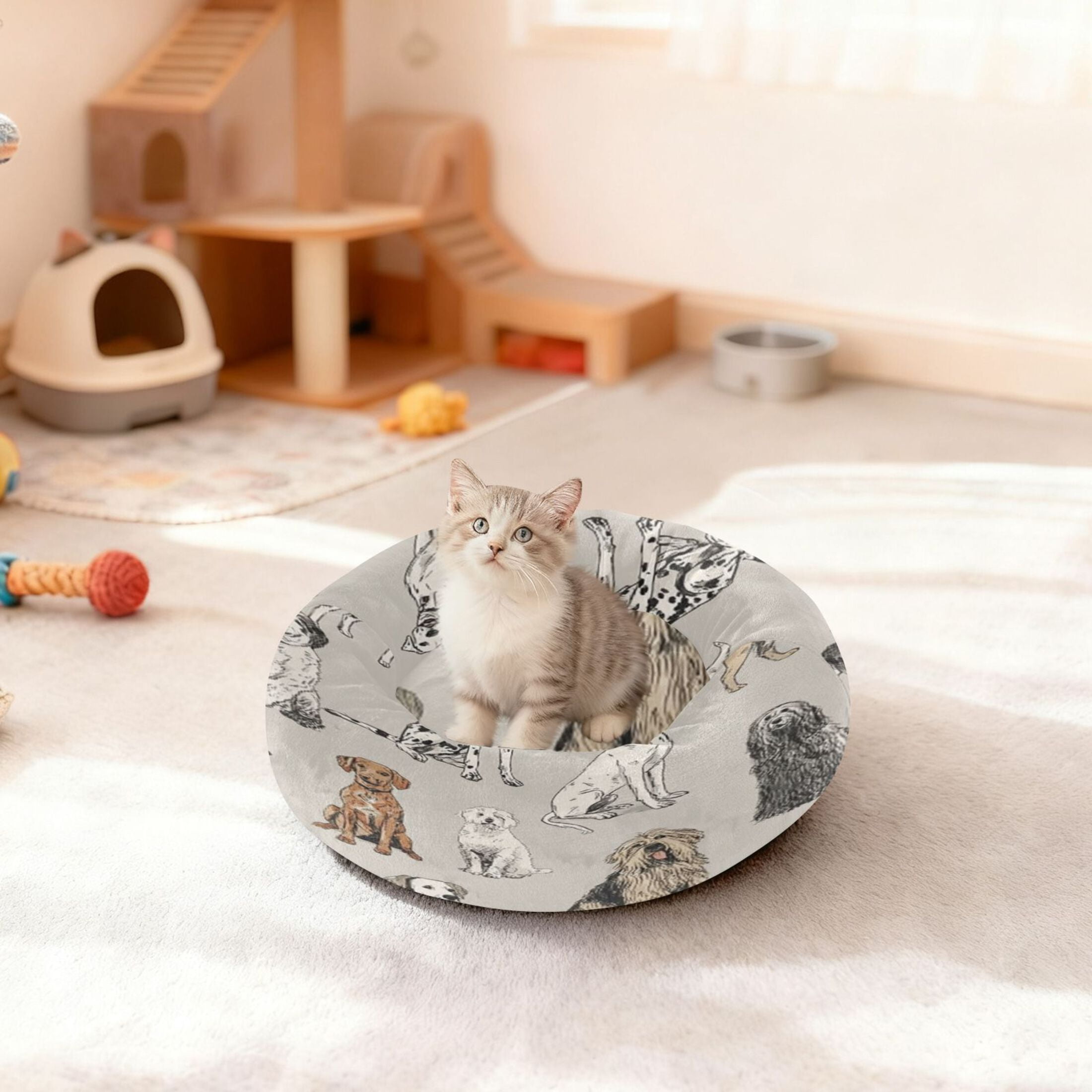 Iauyy Pet Couch Donut Cat Bed for Indoor Cats/Small Dogs Washable & Machine with Non-slip Bottom Calming Cat Furniture, Pied Dog (S)