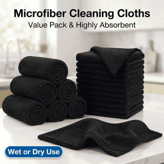 TAVENE 12 Pack Black Microfiber Cleaning Cloths 11.5"×11.5", Lint‑Free Premium Towels for Car, Kitchen, Window, Workshop Household Cleaning Supplies