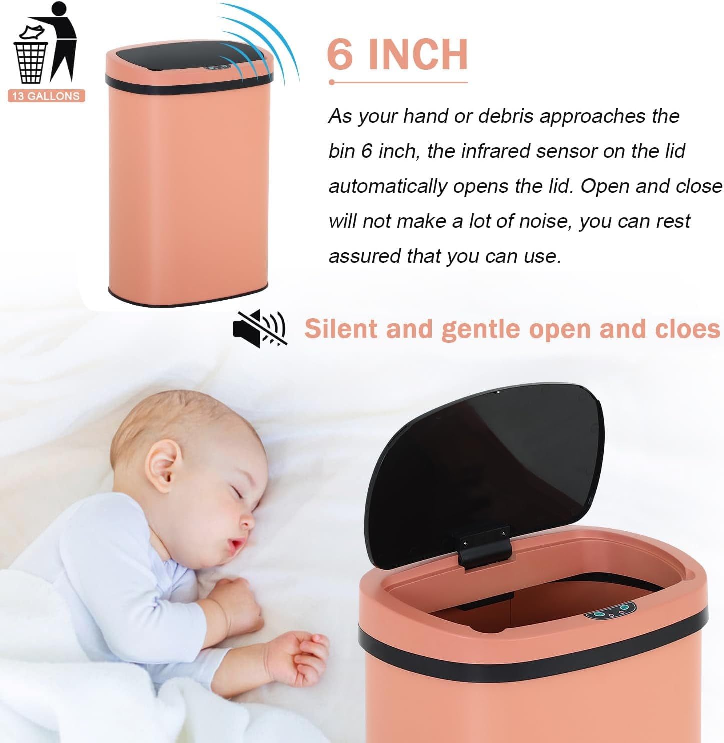 BIQWBIC 13 Gallon Automatic Trash Can, Touchless Stainless Steel Kitchen Garbage Can, Pink