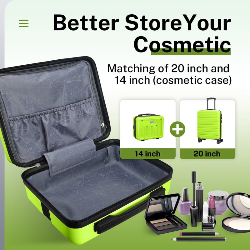 Luggage Sets 2 Piece Hardshell Lightweight Carry on Luggage Cosmetic Case with wheels USB Port TSA Lock 14 20 inch AppleGreen