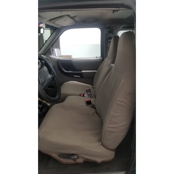 F282 1998-2001 Ford Ranger XLT XCab Front High Back 60/40 Split Bench with Molded Headrests and Opening Center Console in Taupe Automotive Twill