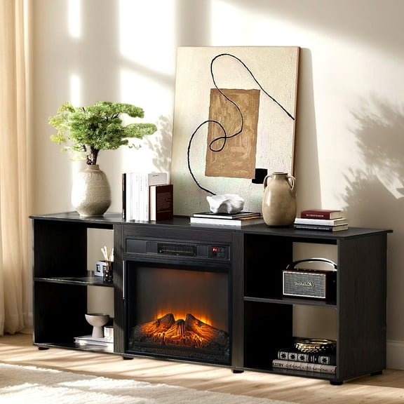 Zimtown Modern TV Stand with Electric Heating Fireplace, Entertainment Center for 55/60/65" TVs with 18" Mantel and 4 Open Shelves, Black