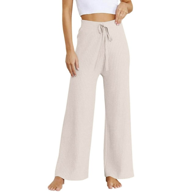 Women's Ribbed Knit Wide Leg Pants Elastic Waist Casual Flowing Trousers