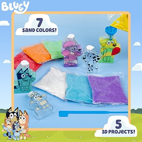 Bluey Sand Art, Crea tu propio kit de arte de arena y bingo, incluye 7 botellas de arena y Bluey Bluey