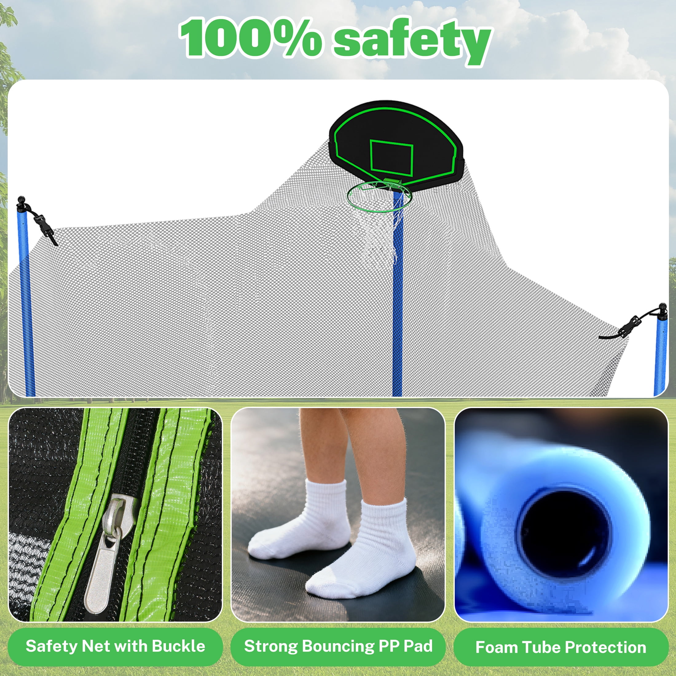 12FT Trampoline with Slide, Swings, SEGMART Recreational Trampoline with Basketball Hoop and Ladder, Heavy Duty Outdoor Backyard Trampoline with Net for Kids and Adults, Green