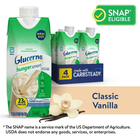 Glucerna Hunger Smart Meal Size Diabetic Care Shake, Classic Vanilla, 16 Fl Oz, 4 Pack