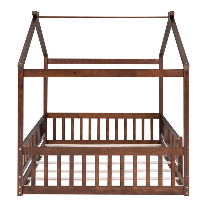 Full Size Wood House Bed with Fence and Roof Frame, Kids Floor Montessori Bed with Safety Guardrails, Sturdy Pinewood Playhouse Bed for Boys Girls
