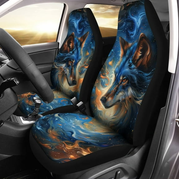 Chririnla Car Seat Cover, Wolf Galaxy Print Auto Seat Protector Breathable Front Seat Cover Set, SUV/Truck/Van/Car Universal Seat Covers, Set of 2