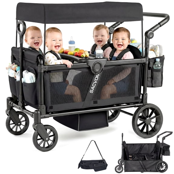 SACVON 4-Seater Stroller Wagon with Side Entry, Canopy & Snack Tray, Includes Detachable Storage Bag That Converts to a Backpack–Black