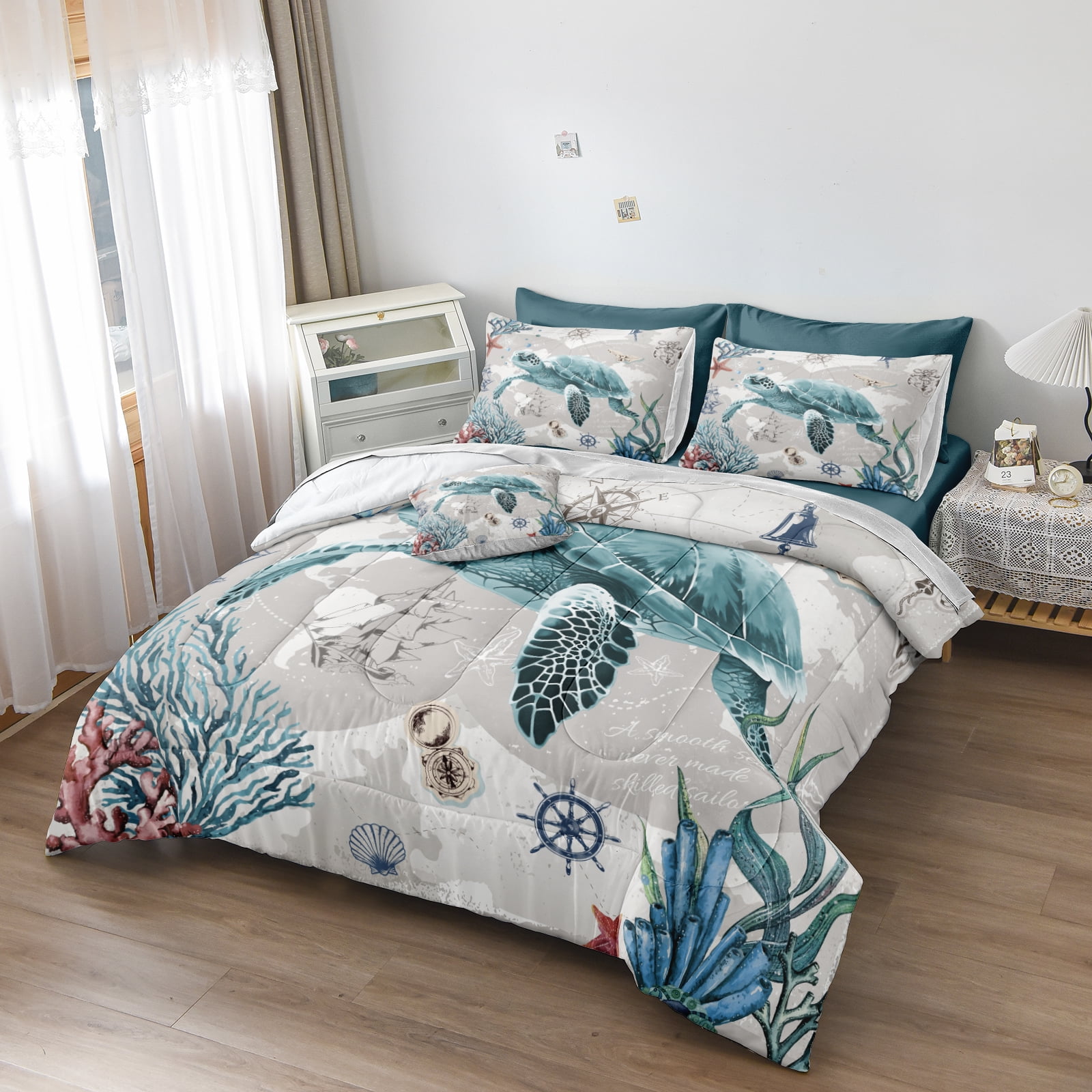 Nautical Bedding Set Turtle Comforter Set Queen/King Size Beach Comforter Set Soft Microfiber Sea Life Ocean Bedding Comforter Set Coastal Bedding Boys Girls Beach Theme Bedding Set 4 Pieces 1 Comfor