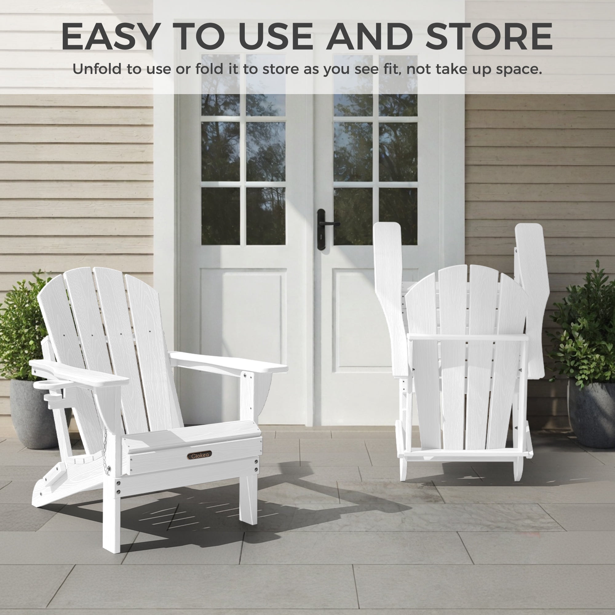 Ciokea Wood Adirondack Chairs Set of 2 Outdoor Folding Patio Chairs Fire Pit with Cup Holder Porch Garden White
