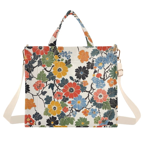 FORMRS Womens Corduroy Tote Bag Crossbody Shoulder Handbag with Pocket, Black Flowers Pattern