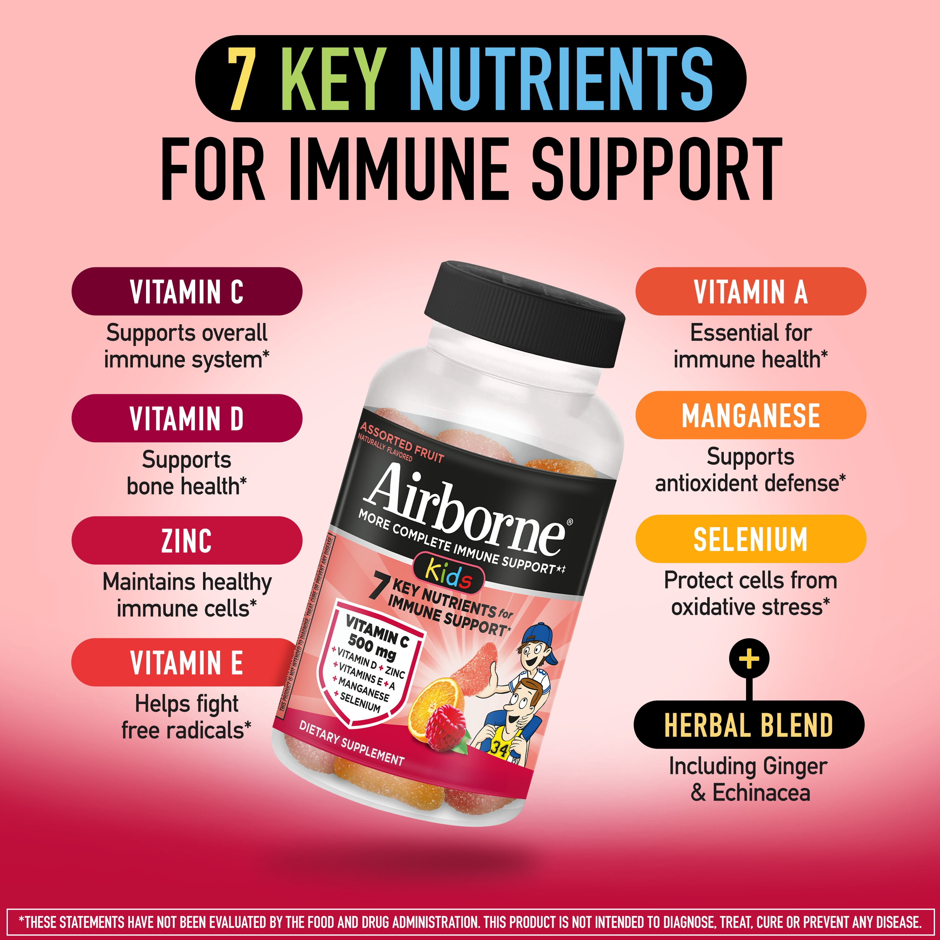 (3 pack) Airborne Kids 500mg Vitamin C Immune Support Gummies, Multivitamin Supplement, Assorted Fruit Flavor, 21 ct