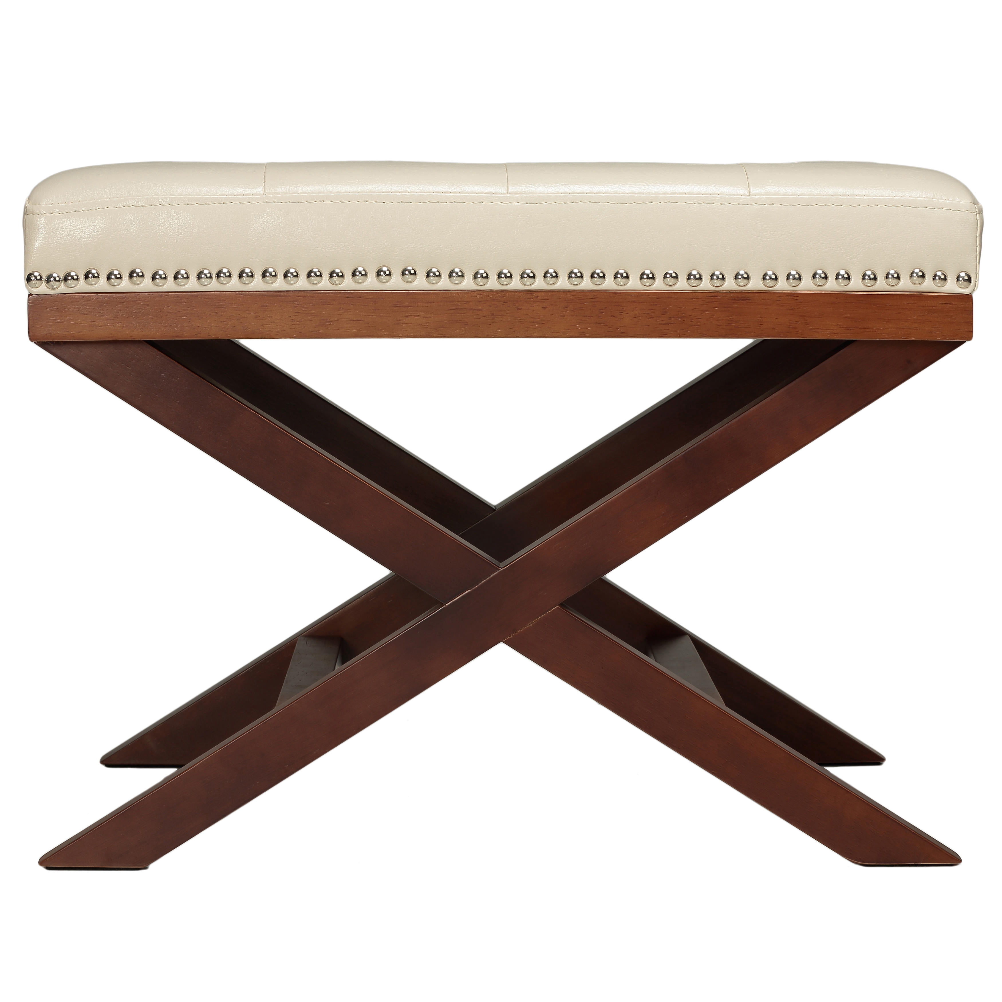 Cortesi Home Kayla Traditional X Bench Ottoman in Vinyl with Nailhead Trim, Cream