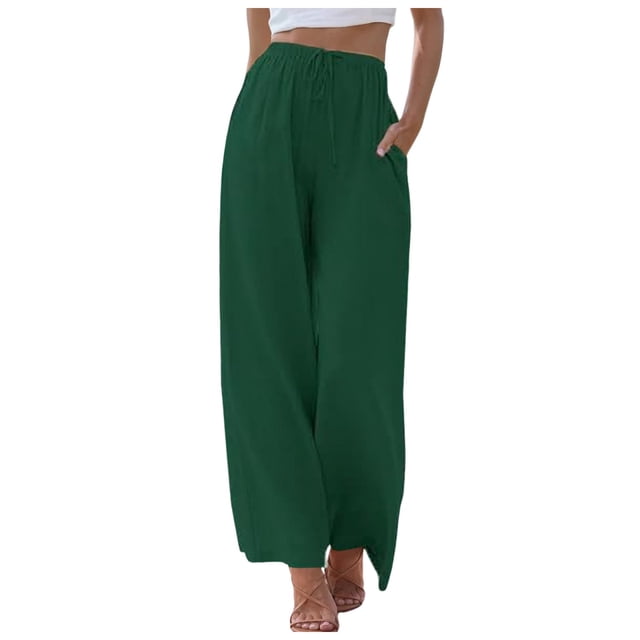 Pantalones palazzo de lino de cintura alta y pierna ancha para mujer - Pantalones de playa con cordón - Tallas S-3XL