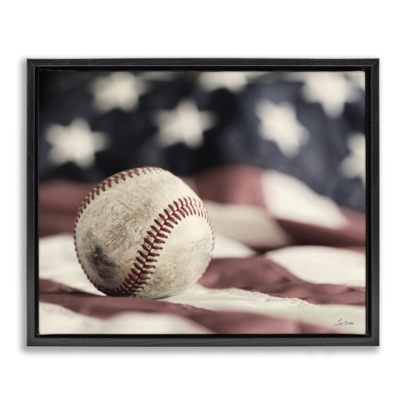 Stupell Industries Farmhouse Baseball & American Flag Black Floating Frame Canvas Art, 21 x 17, by Lori Deiter