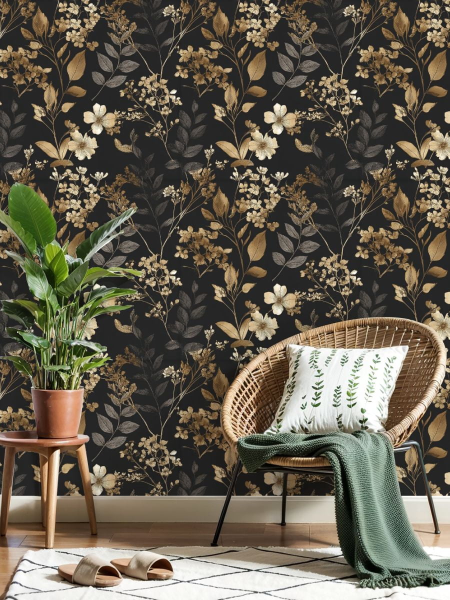 Peel and Stick Wallpaper Elegant Gold Beige Floral Black Wall Mural 17.7in x 9.8ft Self Adhesive Removable Wall Paper Renter Friendly Wallpaper for Nursery Kitchen Bedroom Cabinets