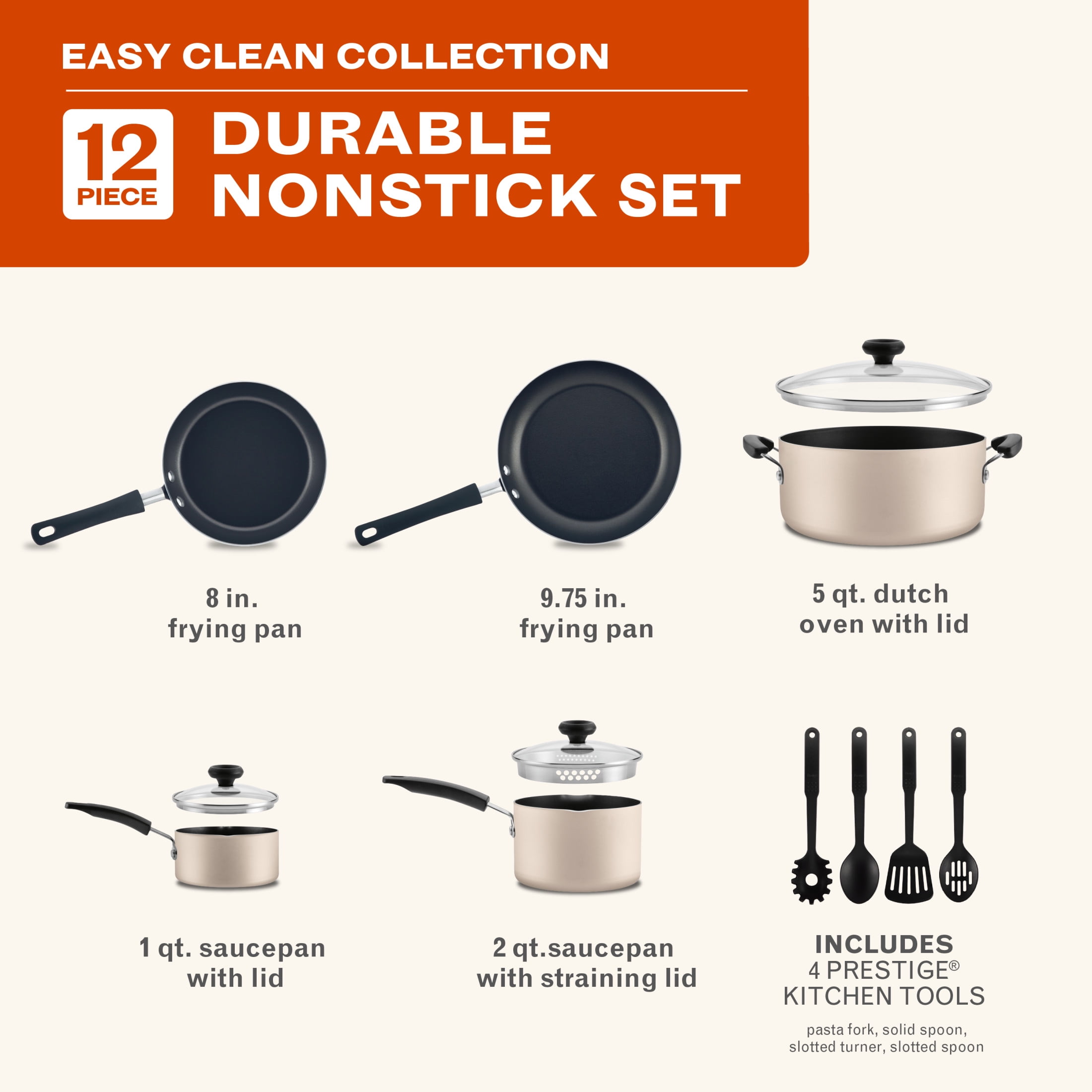 Farberware Easy Clean 12 Pcs Nonstick Cookware Set with Cooking Tools, Dishwasher Safe, Champagne