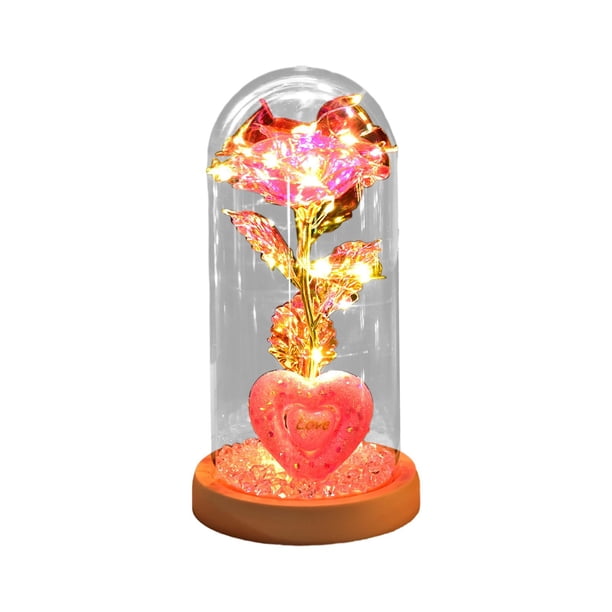 Rosa preservada para siempre en cristal con decoración de corazón ligero, funciona con pilas, regalo de San Valentín para mamá, hija, abuela , Rosa Rosa rosada