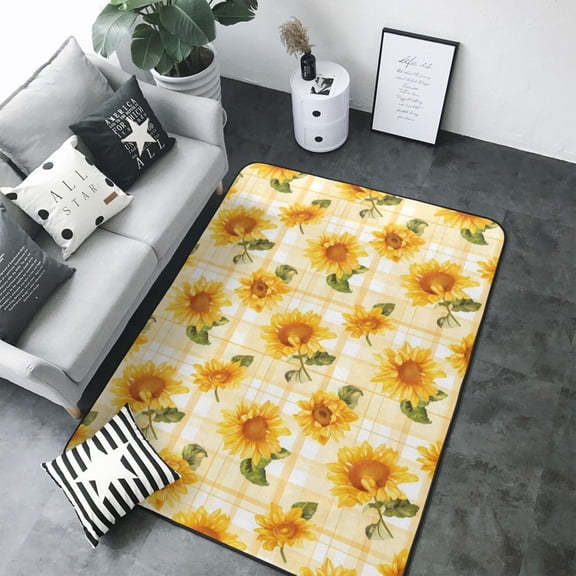 Area Rugs For Living Room Decor - Light Yellow Plaid Sunflower Soft Anti Slip Throw Washable Rugs 5x7 For Bedroom, Indoor Carpet For Bedroom Living Room 80x58In
