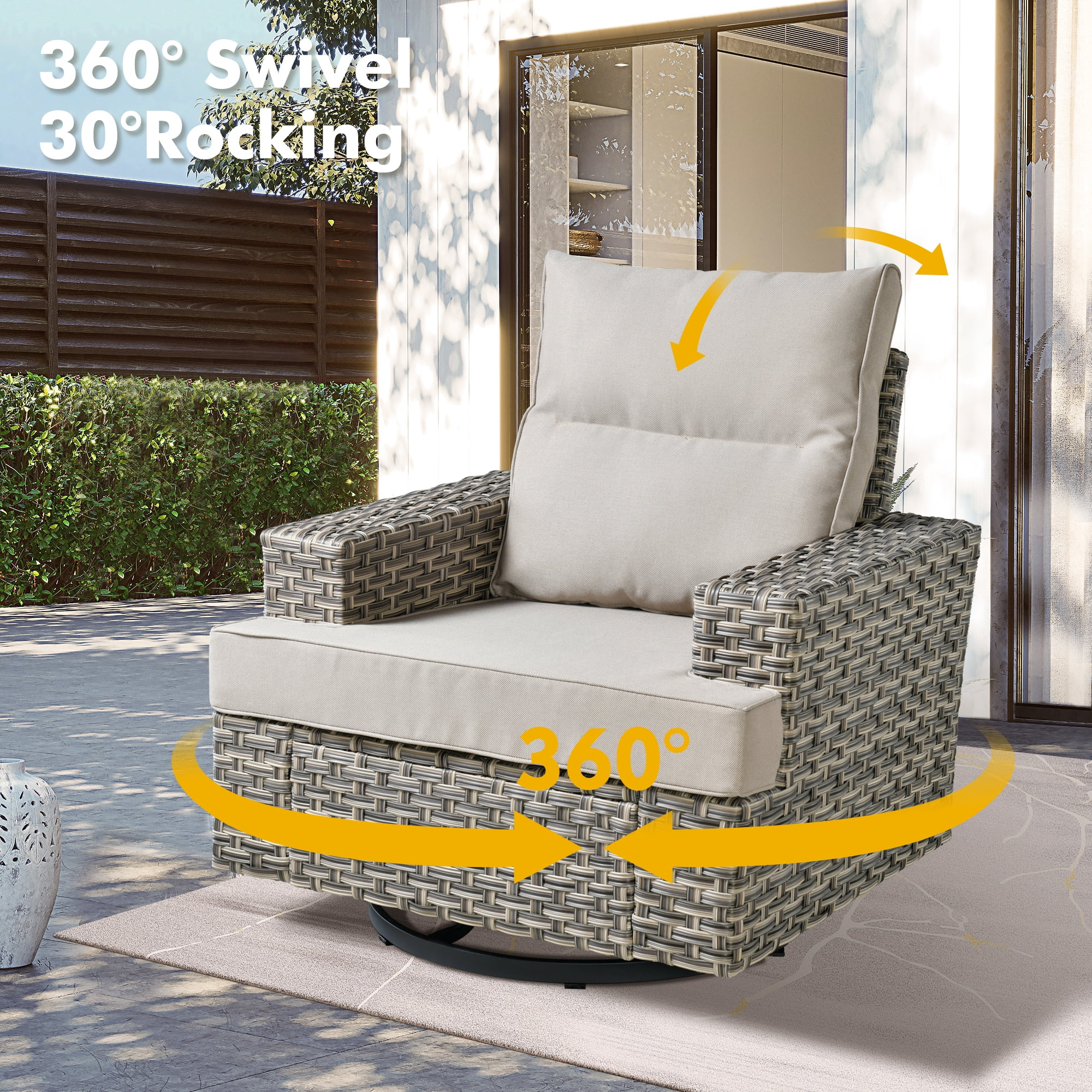 XIZZI 8 Pieces Outdoor Patio Furniture All Weather Rattan Conversation Set High Back Seating Set Modular Outside Sectional Sofa with Swivel Rocking Chairs for Porch,Beige