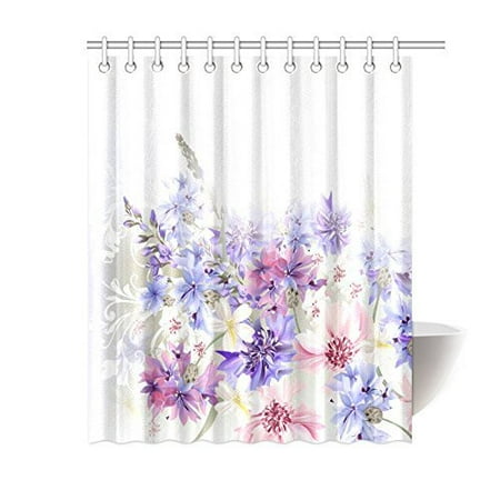 Pink And Purple Shower Curtain MYPOP Lavender Shower Curtain, Purple Pink Cornflowers Classic Design Gentle Floral Art Wedding Decorations Fabric Bathroom Decor with Hooks, 60 X 72 Inches, Violet Pink Grey ()