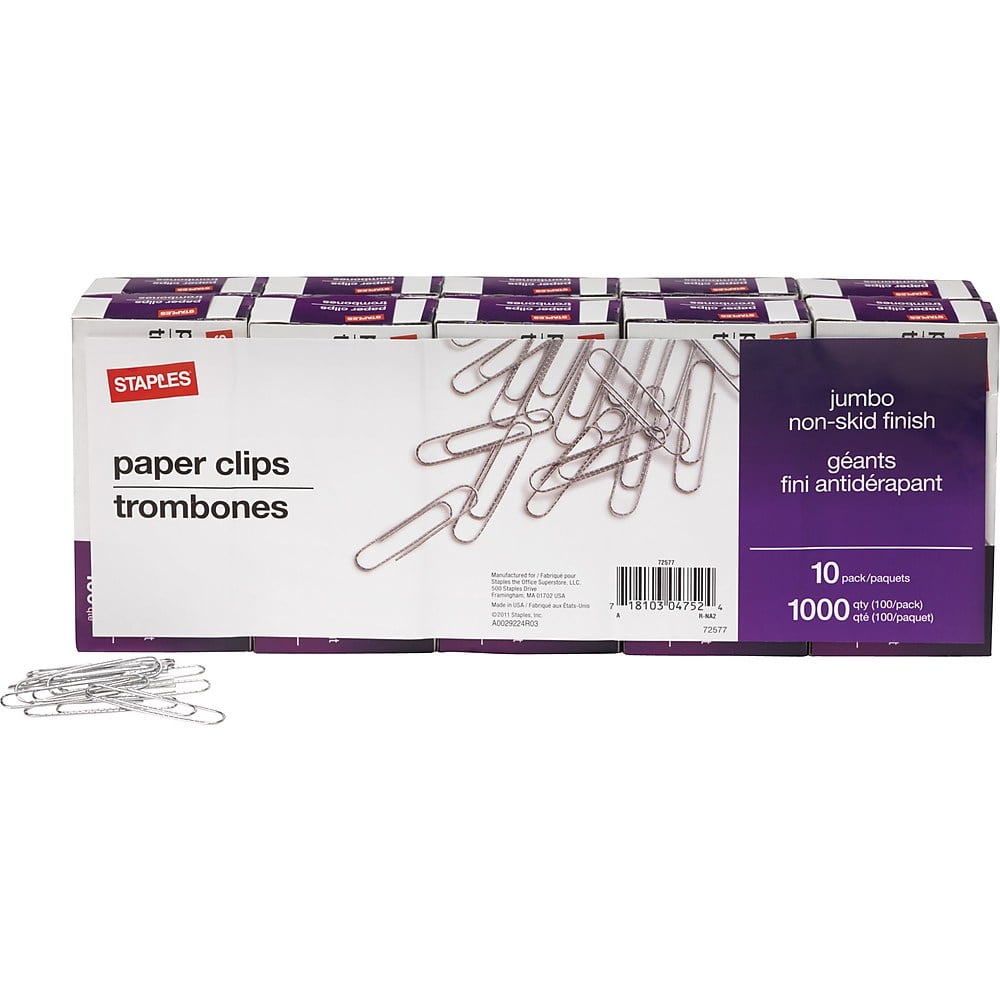 Staples Jumbo Paper Clips Nonskid 10/Pack with 100/box (A7026606/72577