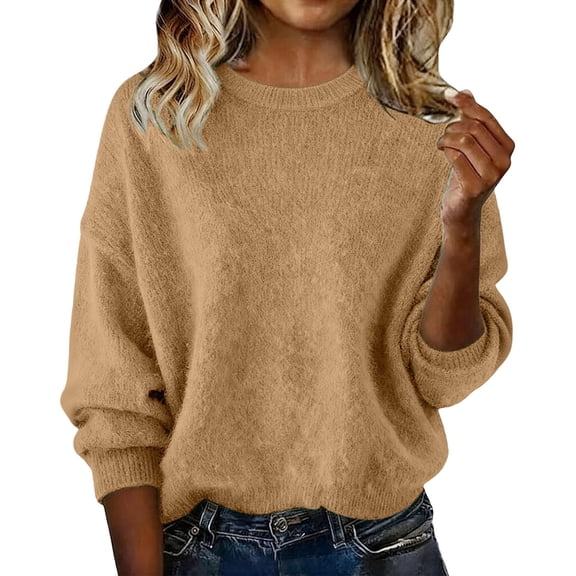 Gytharion Women's Plus Size Knit Sweaters Solid Color Crew Neck Fluffy Plush Soft Knit Tops Fall Winter Layering Pullover Sweaters