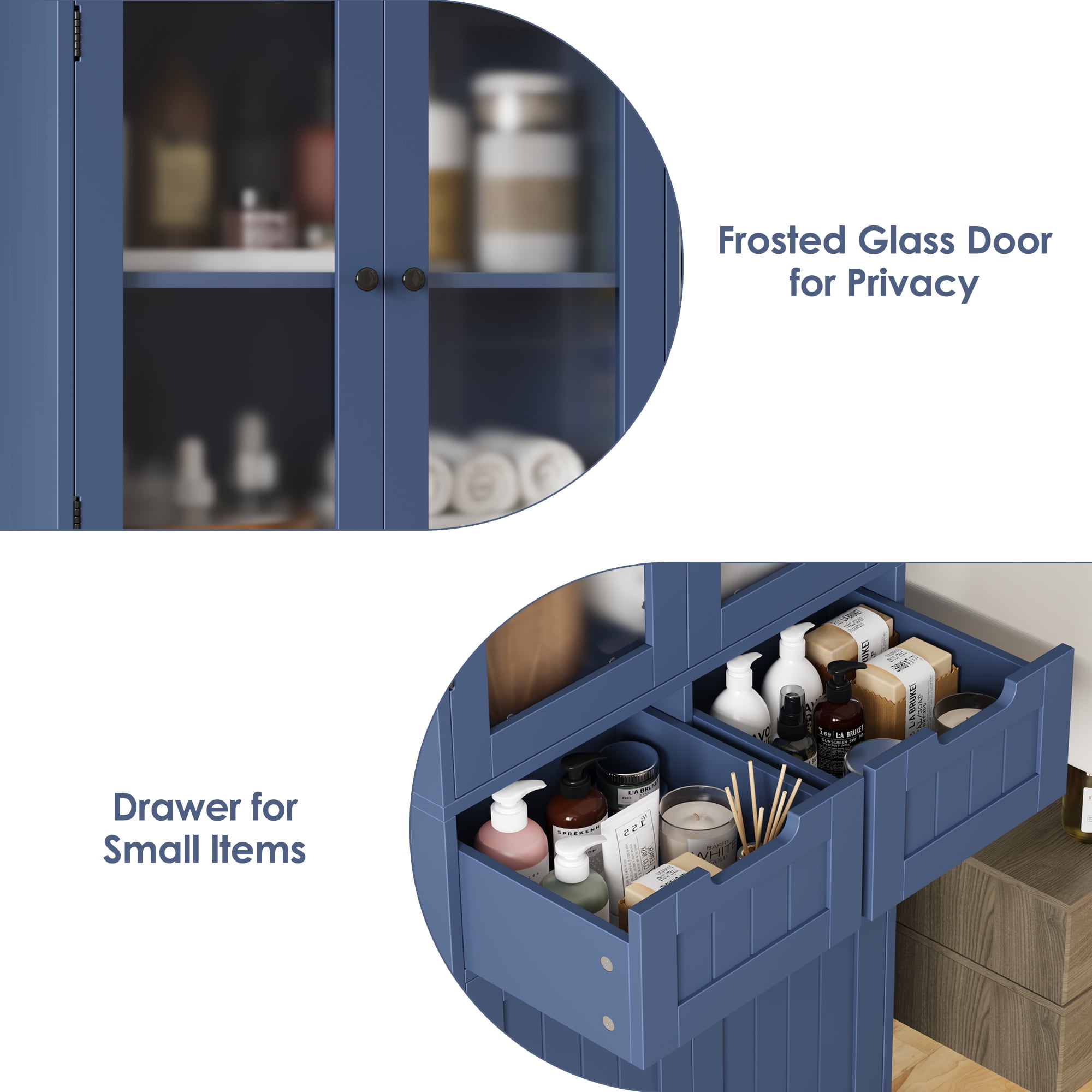 Homfa 4 Doors Bathroom Cabinet, 3-Tier Wood Tall Linen Storage Cabinet with 2 Drawers for Living Room, Blue