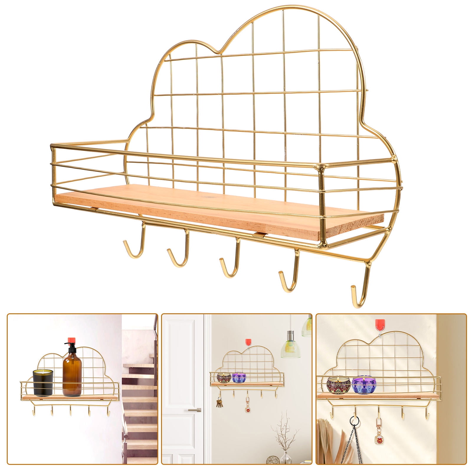 OFFIGAM Multifunctional Wall Mount Storage Rack with Golden Metal Basket - Space Saving Organizer for Home and Office