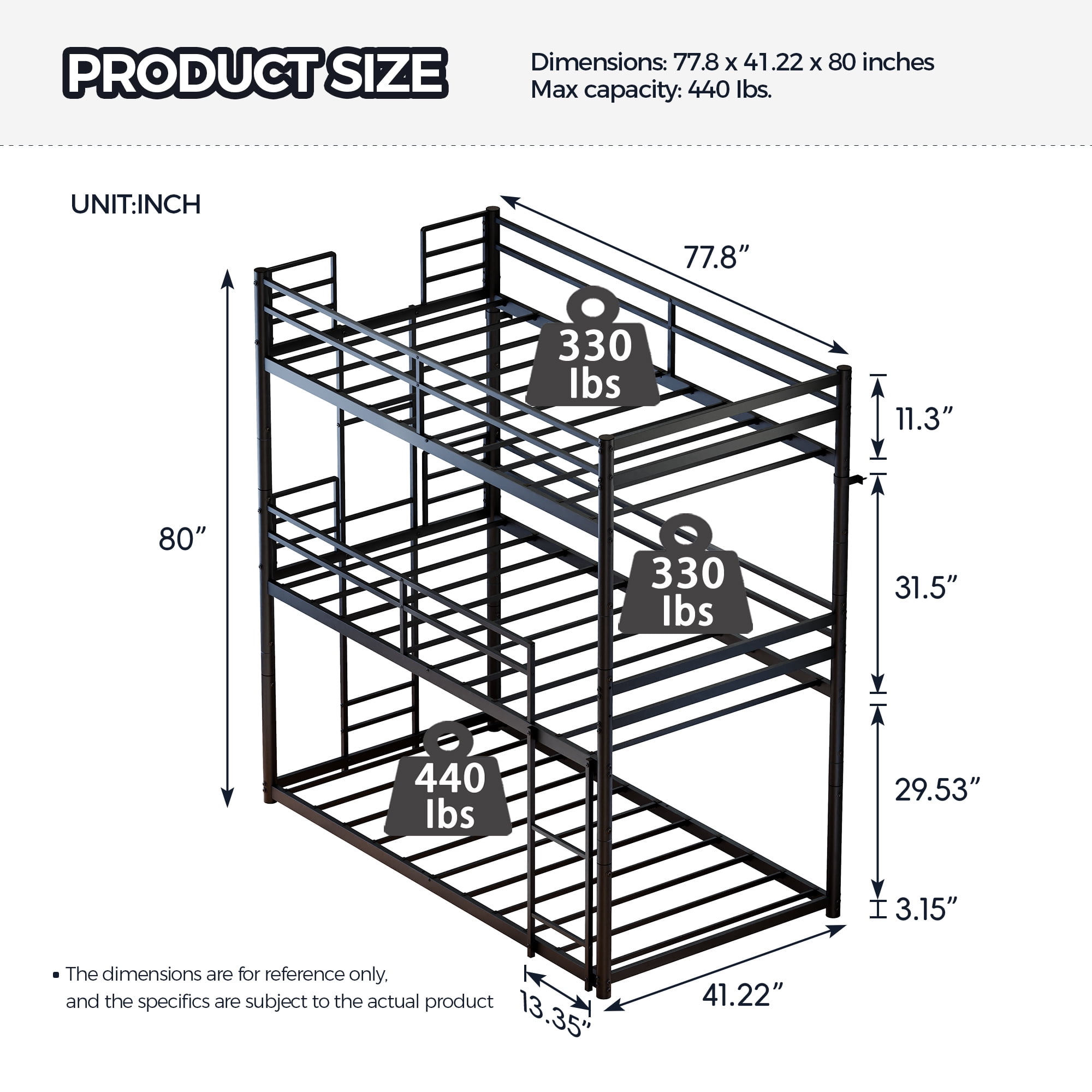 Alvantor Triple Twin over Twin Metal Bunk Bed, 3-in-1 Convertible Frame, Black