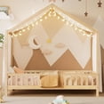 thumbnail image 3 of Twin Floor Platform Bed with Canopy Roof, House-Shaped Wood Bed Frame with Safety Railings, Low Profile Bed Frame with Slatted Support, No Box Spring Needed, Natural, 3 of 18