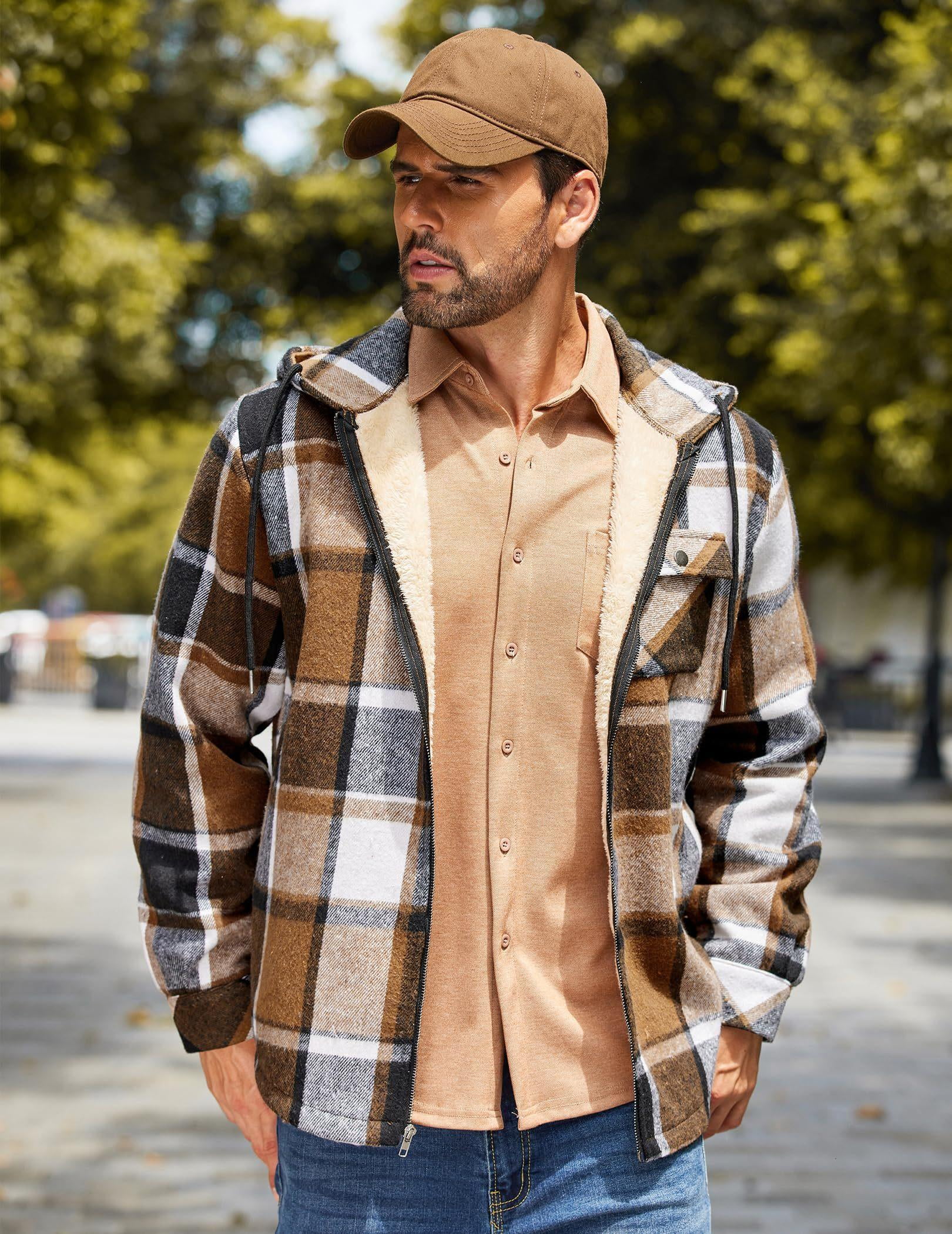 COOFANDY Men's Flannel Hooded Shirt Jacket Plaid Hoodie Zipper Sherpa Lined Winter Thermal Flannel