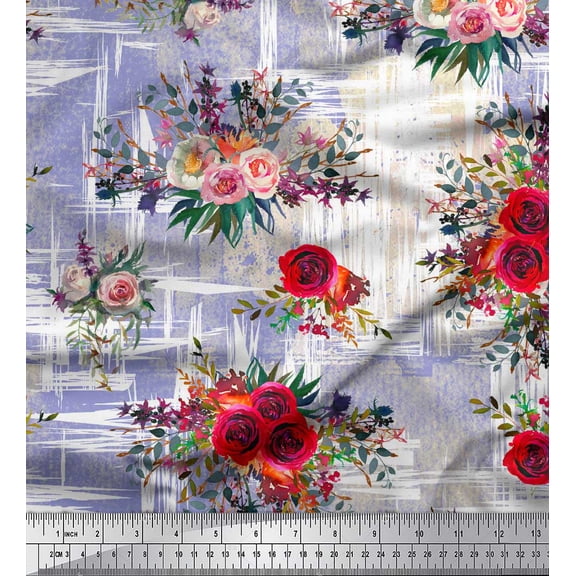 Soimoi Blue Cotton Duck Fabric Leaves & Ranunculus Floral Print Fabric by Yard 42 Inch Wide