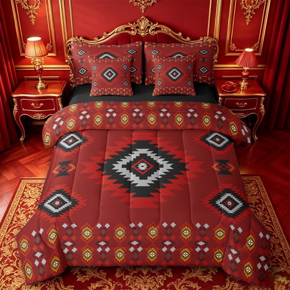 jejeloiu Bold Tribal 7 Pieces Full Size Bedding Sets For Girls,Rustic Print Full Size Bed in a Bag,Red Black,Black Reversible