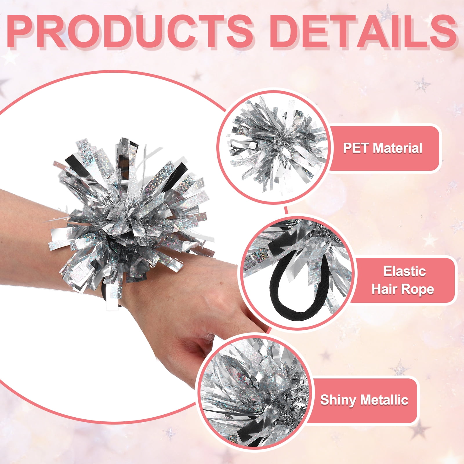 Uxcell 24 Pcs Cheerleading Pom Poms Hair Ropes for Basketball Game,Outdoor Activities, Silver