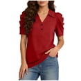 thumbnail image 2 of ClodeEU Women's Notch Collar Puff Short Sleeve Tops ,V Neck Shirts Casual Summer Blouses Fashion Trendy Clothing Red,Womens Plus L, 2 of 5