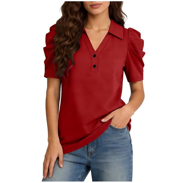 Camisetas de Manga Corta de Verano para Mujeres Moda Pullover de Color Sólido Botón de Solapa Botón Extraíble Camisetas de Manga Corta de Verano de las Mujeres