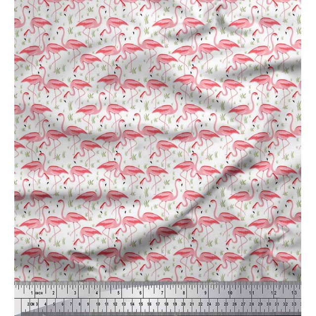 Soimoi Moss Georgette Fabric Grass & Flamingo Bird Fabric Prints by Yard 42 Inch Wide
