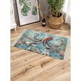 thumbnail image 3 of Coastal Octopus Bath Rug 2x3ft Woven Bathroom Entryway Runner Rug,Vintage Teal Nautical Beach Botanical Washable Living Room Hallway Bedroom Kitchen Carpet with Tassels,Indoor Outdoor Throw Doormat, 3 of 5