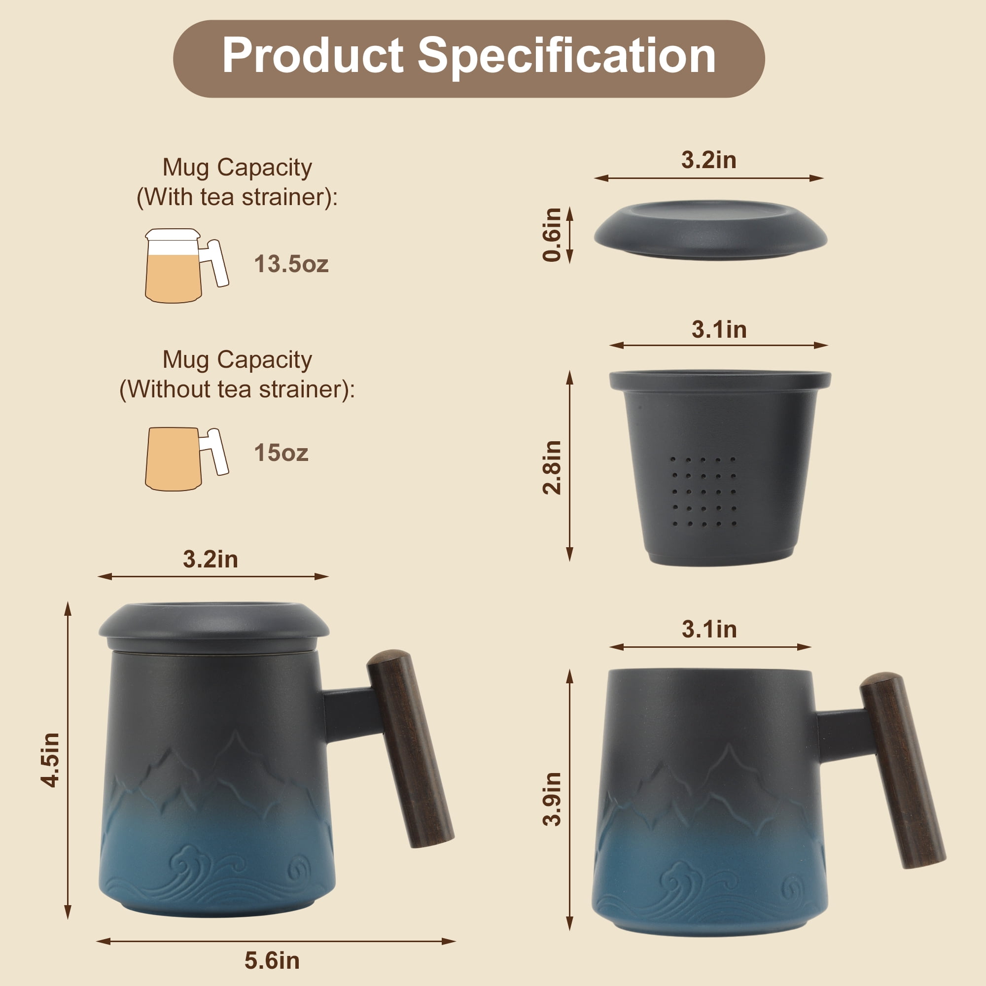 Unique Bargains Tea Cup with Infuser 13.5oz Ceramic Wood Handle Blue and Black