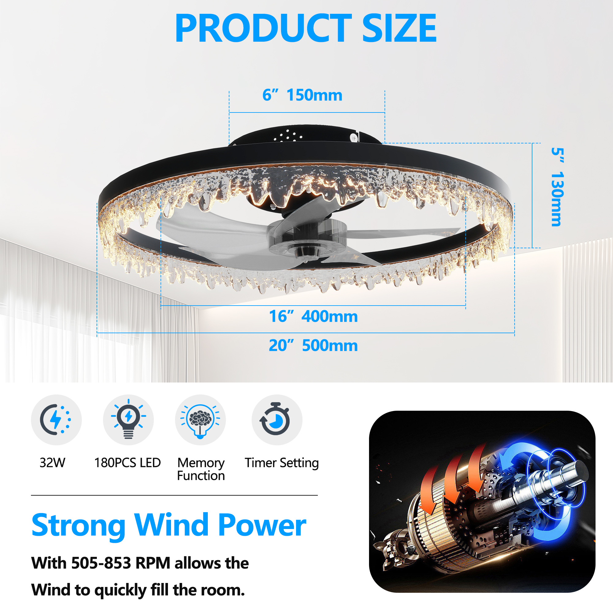 Leumius Luxury Crystal Ceiling Fan with Lights, 20In Flush Mount LED Chandelier Fan with 5 Invisible Blades, Remote & Timer, Bright Dimmable Lighting for Bedroom, Living Room, Dining Room
