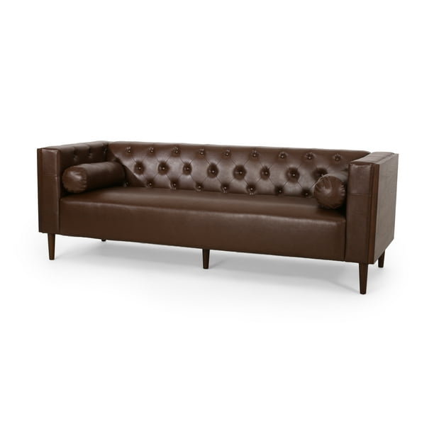 Noble House Hennessey Faux Leather Tufted Sofa, Dark Brown, Espresso ...