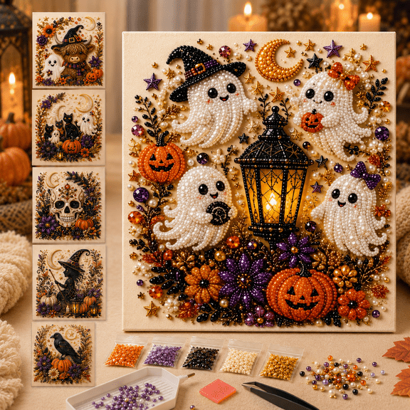 Halloween Ghost Pearl DIY Set, 7.8x7.8in 3D Dia-mond Paint-ing Crafts Kit with Spooky Patterns A, Beginner Friendly Wall Decor Craft for Adults Home