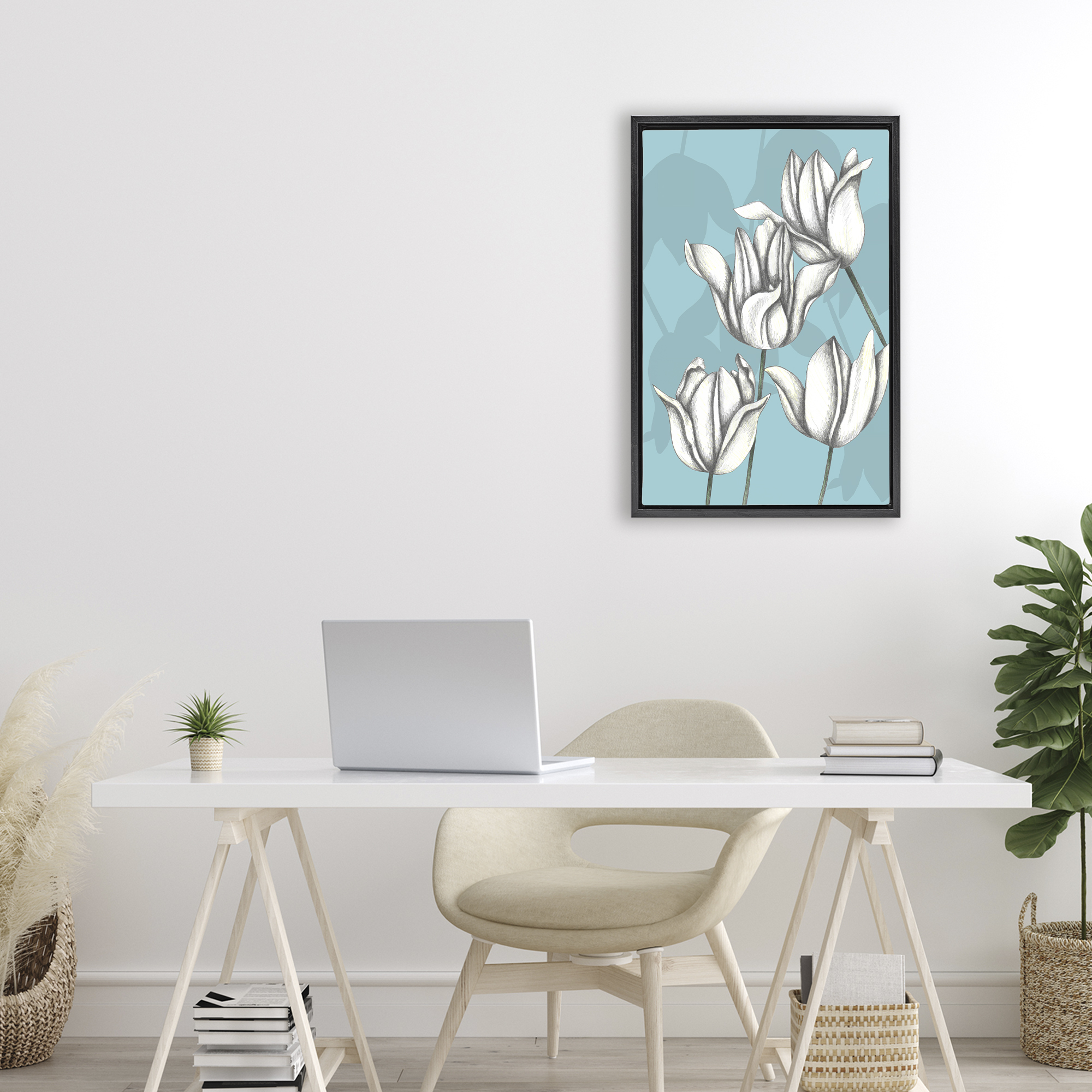 Sketched Tulips Keep Growing Black Framed Floater Canvas Wall Art, design by Cecilia Battaini